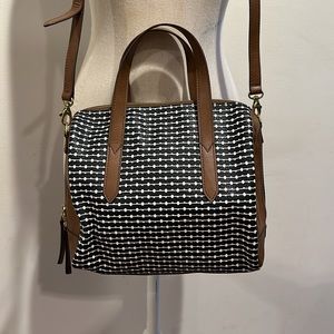 Fossil Sydney Satchel with black and white key pattern and crossbody strap